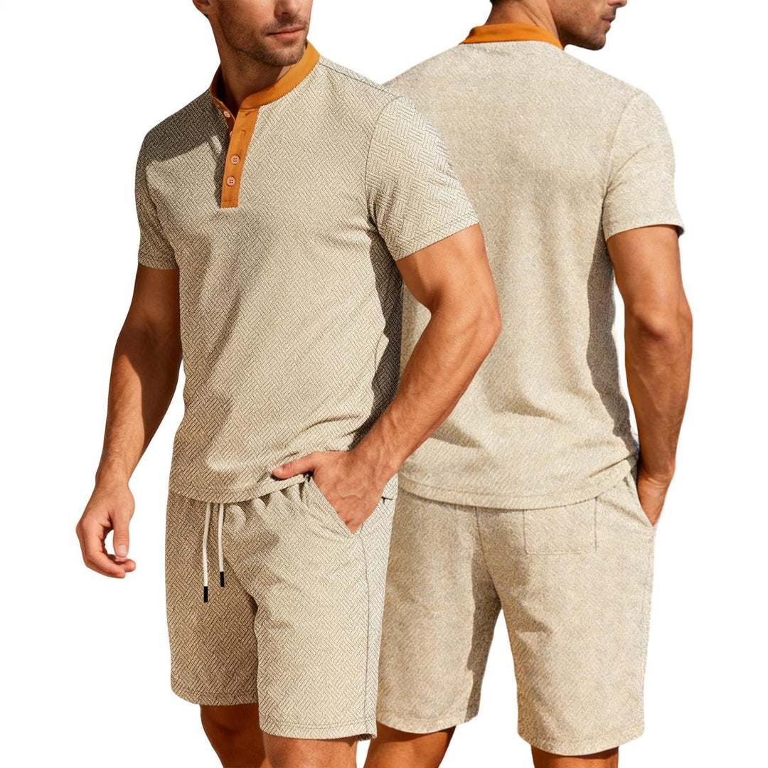 Mens Short Sets 2 Piece Outfits Textured 2 Piece Summer Short Sleeve Crewnek Button Sweatsuit Sets for Gym great gift