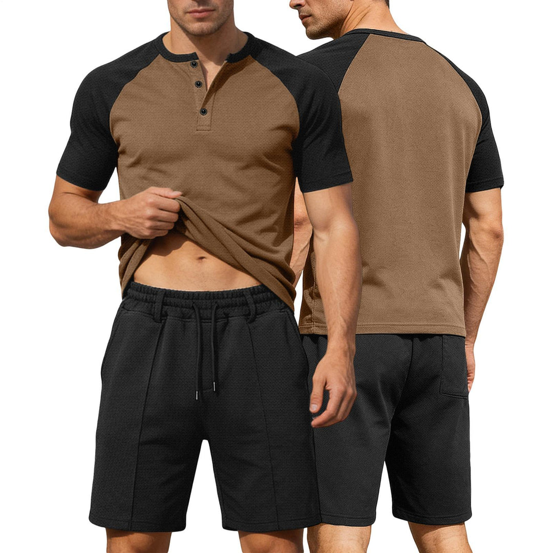 Mens Summer Track Suits 2 Piece Color Block Textured Raglan Short Sleeve T Shirts and Shorts Sets for Travel adaptable
