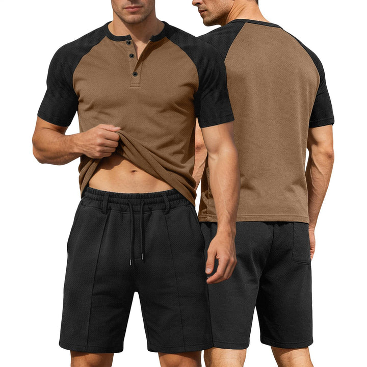 Mens Summer Track Suits 2 Piece Color Block Textured Raglan Short Sleeve T Shirts and Shorts Sets for Travel adaptable