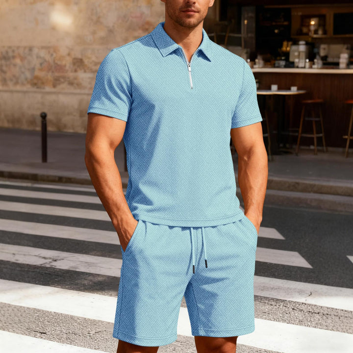 Mens Short Sets 2 Piece Outfits Textured 2 Piece Short Sleeve Collared Quarter Zip Sweatsuit Sets for Travel efficient