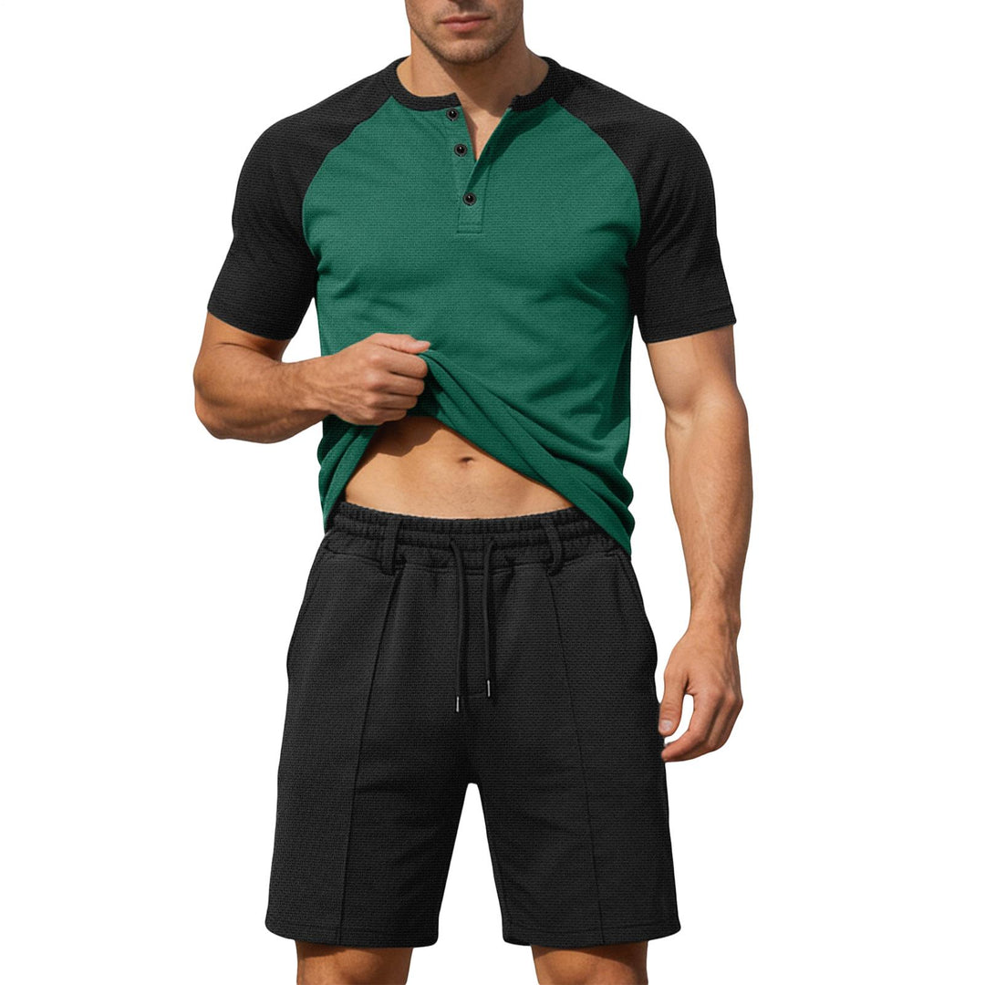 Mens Summer Track Suits 2 Piece Color Block Textured Raglan Short Sleeve T Shirts and Shorts Sets for Travel adaptable