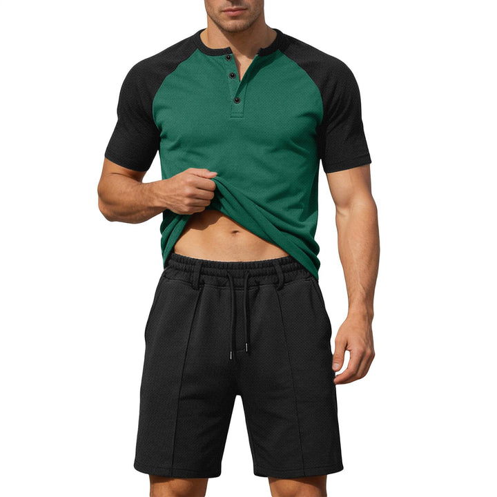Mens Summer Track Suits 2 Piece Color Block Textured Raglan Short Sleeve T Shirts and Shorts Sets for Travel adaptable