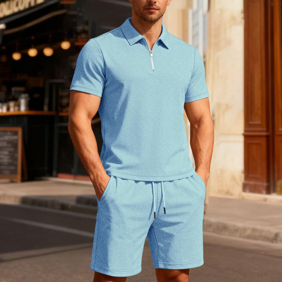 Mens Short Sets 2 Piece Outfits Textured 2 Piece Short Sleeve Collared Quarter Zip Sweatsuit Sets for Travel efficient