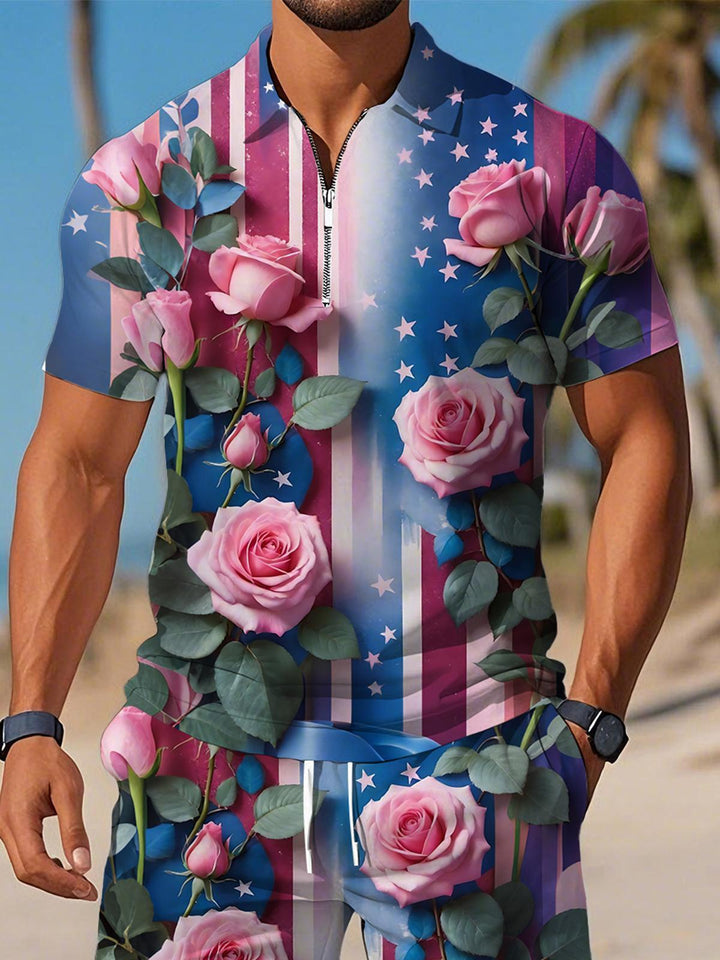 Independence Day American Flag Rose Print Men's Short Sleeve Zipper Polo Set