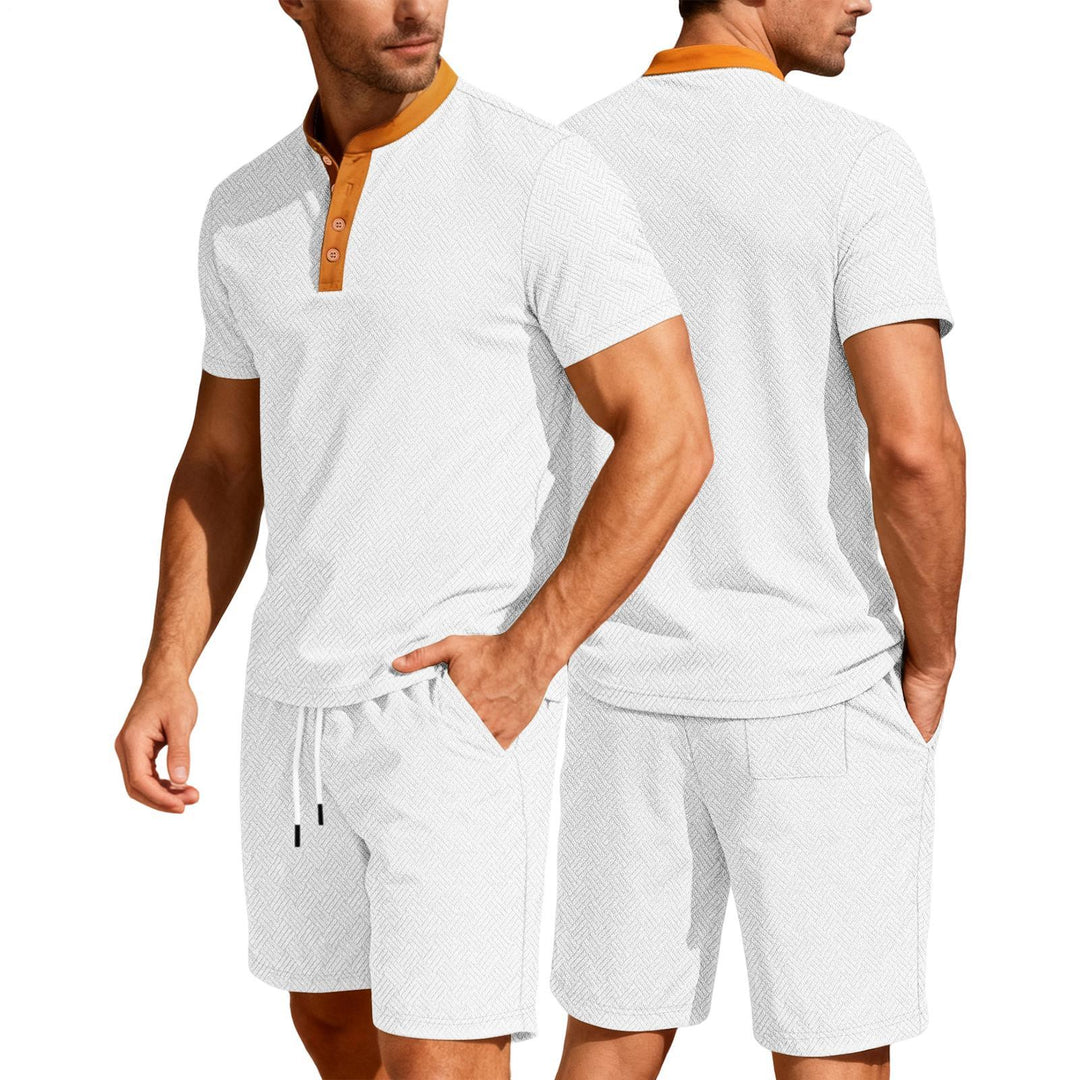 Mens Short Sets 2 Piece Outfits Textured 2 Piece Summer Short Sleeve Crewnek Button Sweatsuit Sets for Gym great gift