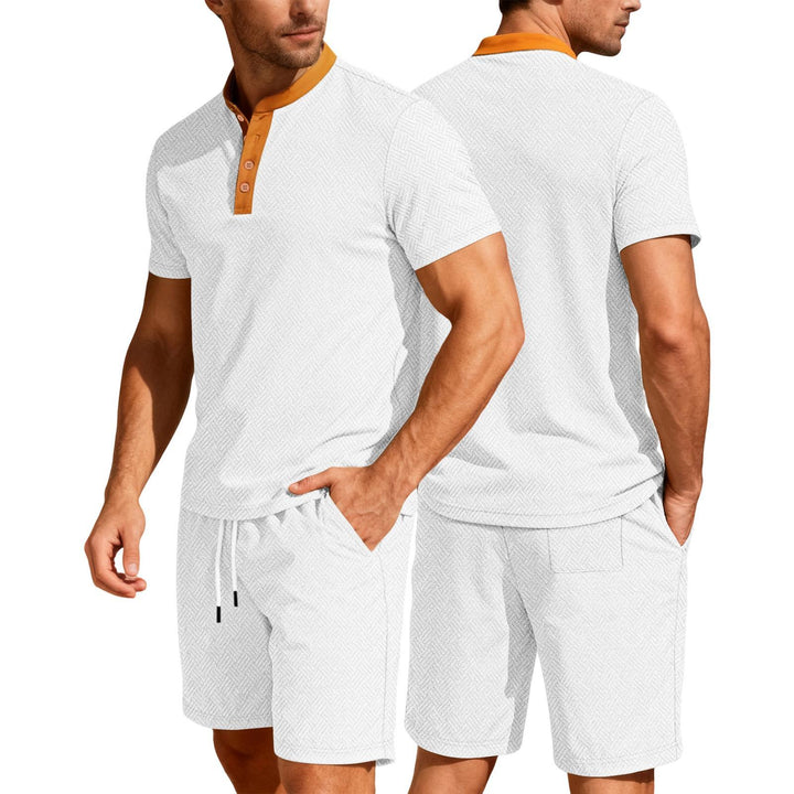 Mens Short Sets 2 Piece Outfits Textured 2 Piece Summer Short Sleeve Crewnek Button Sweatsuit Sets for Gym great gift
