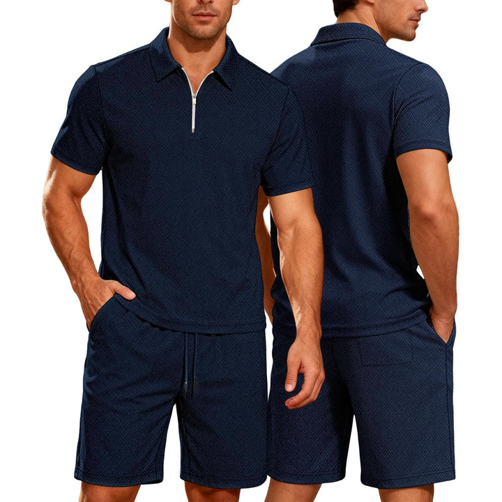 Mens Short Sets 2 Piece Outfits Textured 2 Piece Short Sleeve Collared Quarter Zip Sweatsuit Sets for Travel efficient