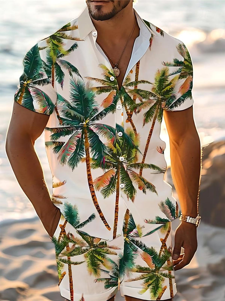 Hawaiian Palm Tree Print Men's Pocket Short Sleeve Sets