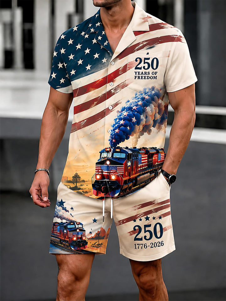 USA 250th Anniversary Train Independence Day Men's Pocket Short Sleeve Set