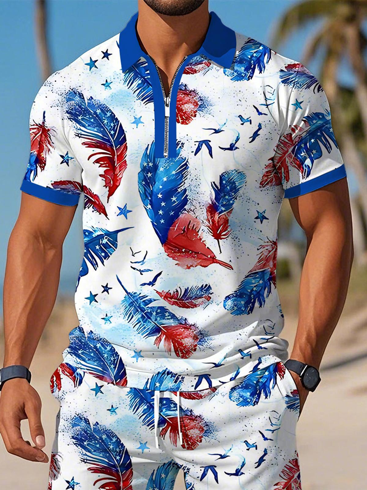 Independence Day American Flag Feather Print Men's Short Sleeve Zipper Polo Sets