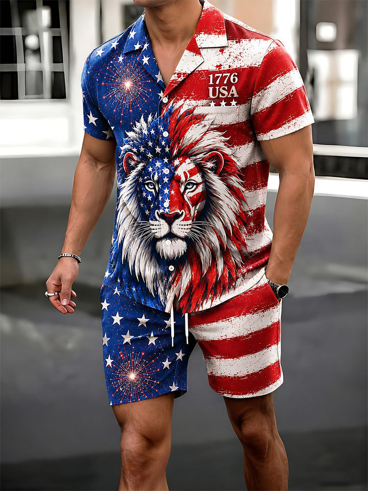 Independence Day American Flag Lion Men's Pocket Short Sleeve Set