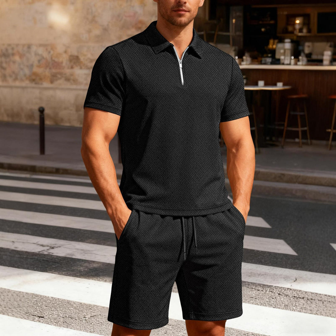 Mens Short Sets 2 Piece Outfits Textured 2 Piece Short Sleeve Collared Quarter Zip Sweatsuit Sets for Travel efficient