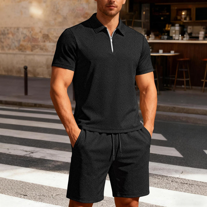 Mens Short Sets 2 Piece Outfits Textured 2 Piece Short Sleeve Collared Quarter Zip Sweatsuit Sets for Travel efficient