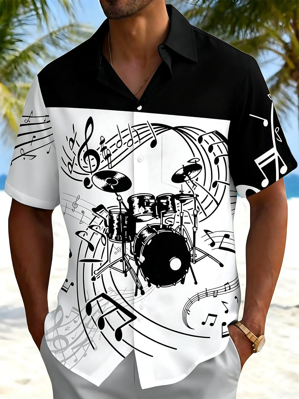 Drum Set Note Print Men's Pocket Short Sleeve Shirts