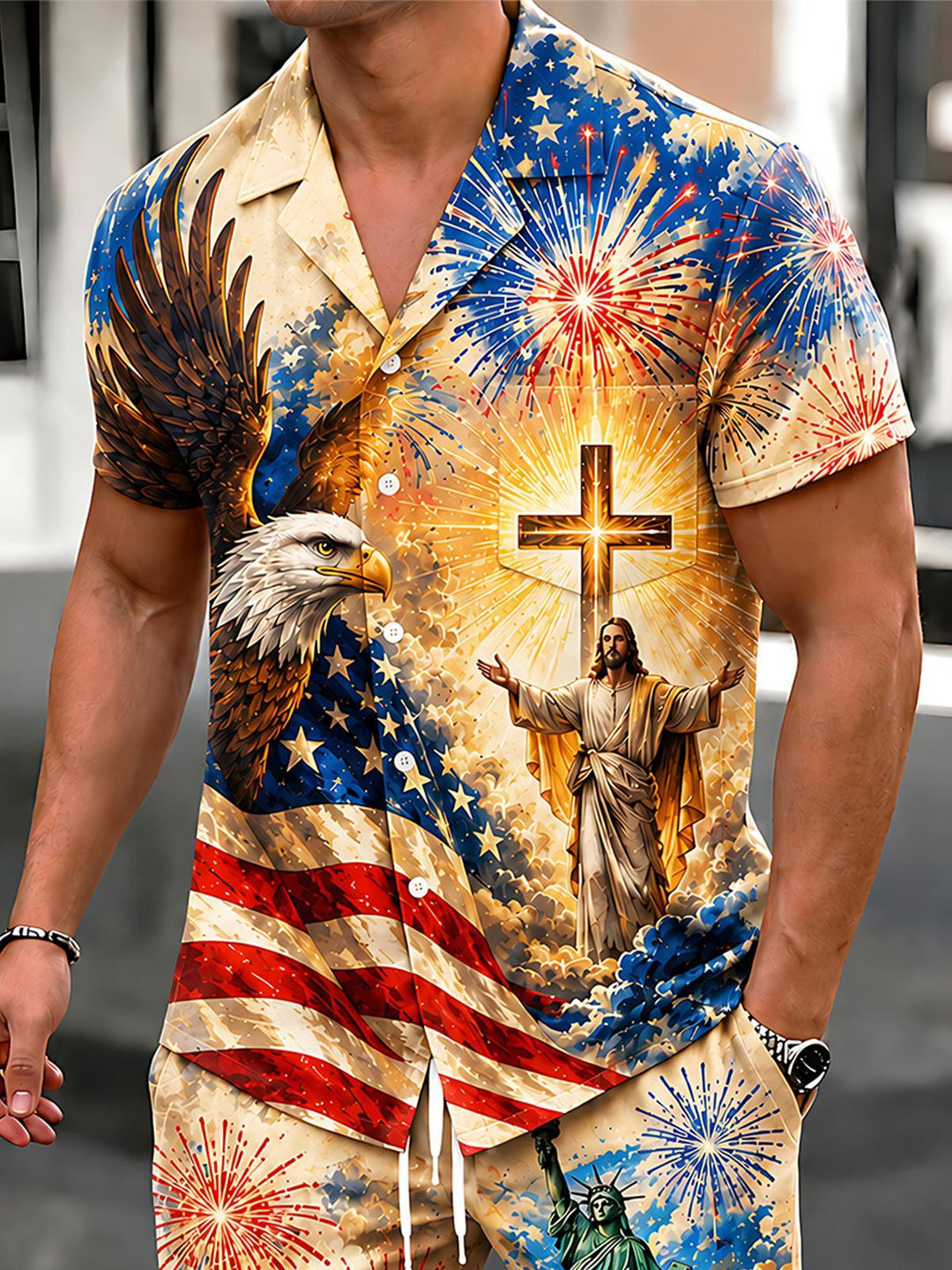 American Independence Day Faith Freedom Jesus Religious Eagle Men's Pocket Short Sleeve Set