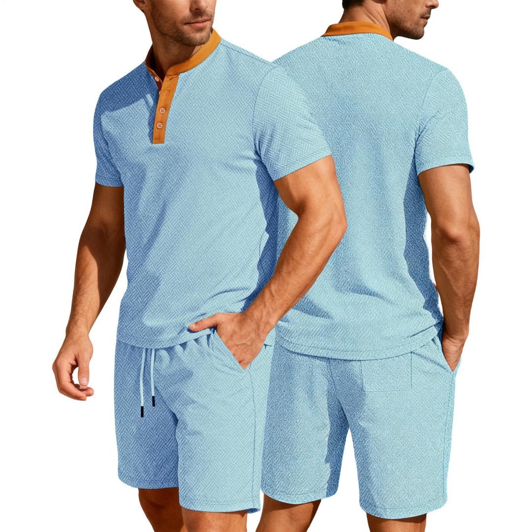 Mens Short Sets 2 Piece Outfits Textured 2 Piece Summer Short Sleeve Crewnek Button Sweatsuit Sets for Gym great gift