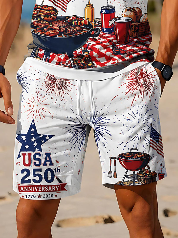 Independence Day USA 250th Anniversary BBQ Party Men's Short Sleeve Zipper Polo Set