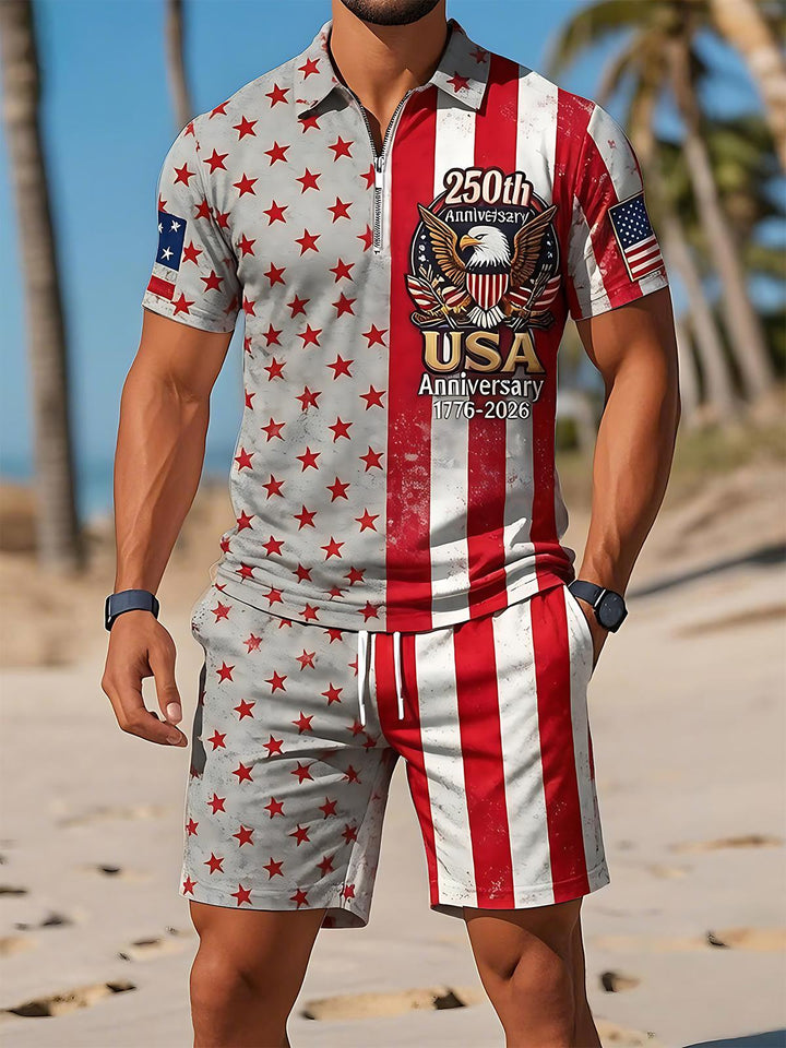 USA 250th Anniversary Bald Eagle Vintage American Flag Independence Day Men's Short Sleeve Zipper Polo Sets
