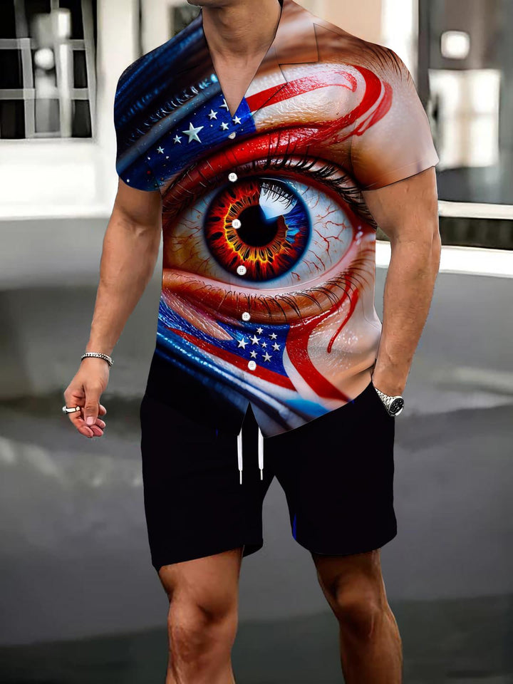 Independence Day Eye Print Men's Pocket Short Sleeve Set