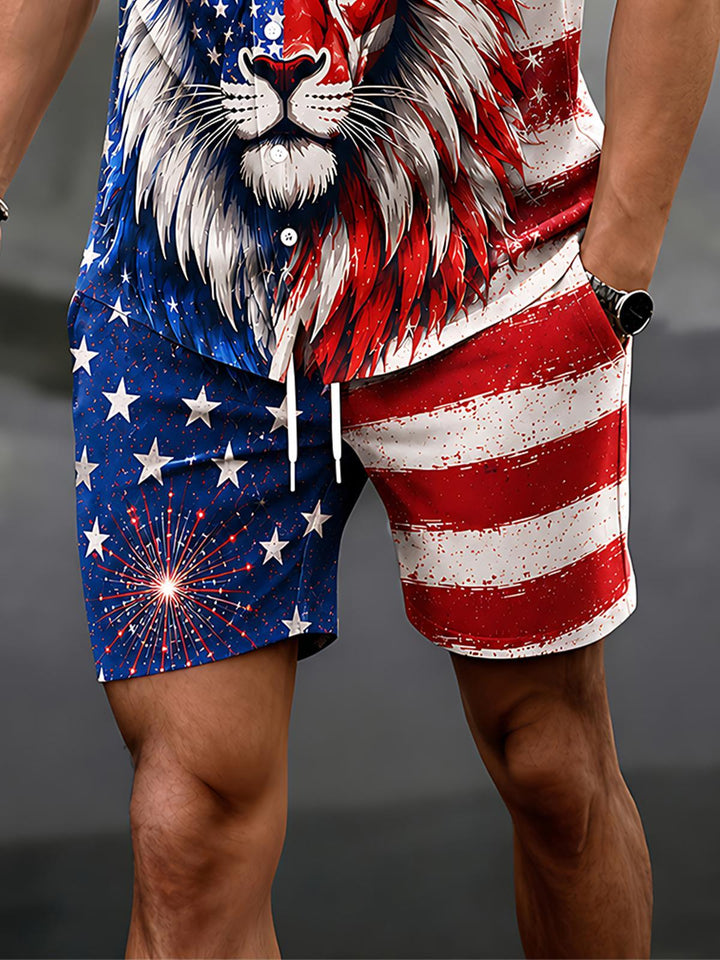 Independence Day American Flag Lion Men's Pocket Short Sleeve Set