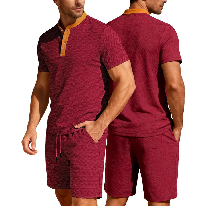 Mens Short Sets 2 Piece Outfits Textured 2 Piece Summer Short Sleeve Crewnek Button Sweatsuit Sets for Gym great gift