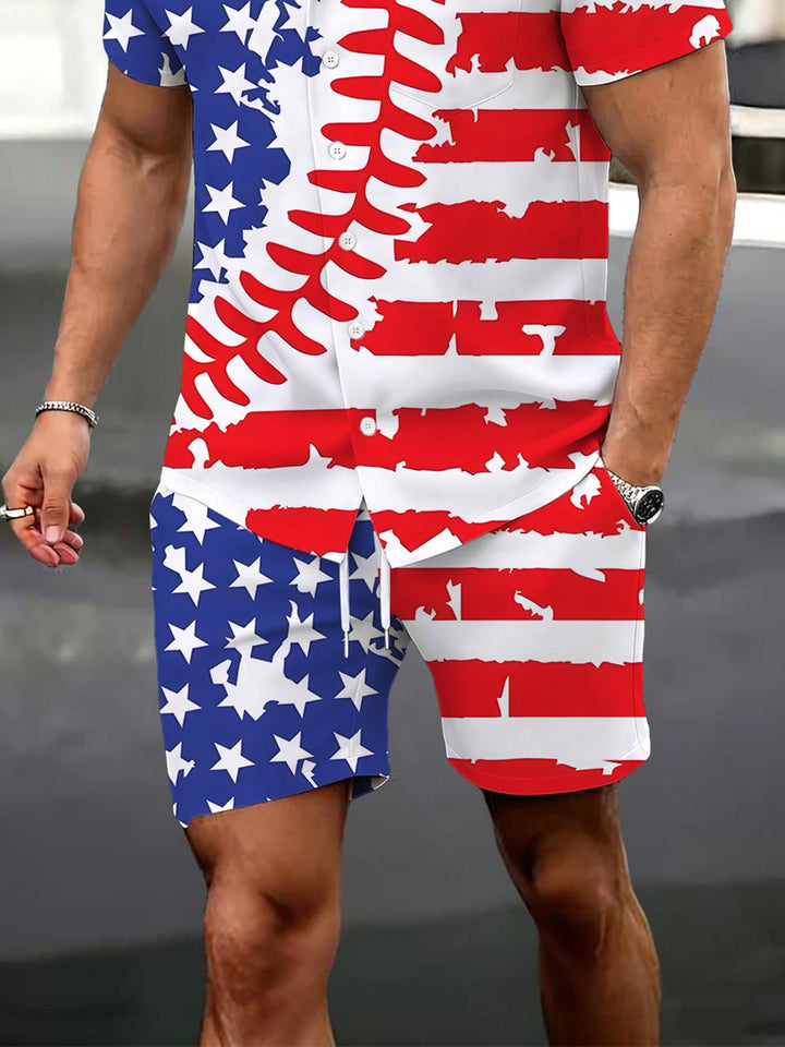 Independence Day Baseball Print Men's Pocket Short Sleeve Set