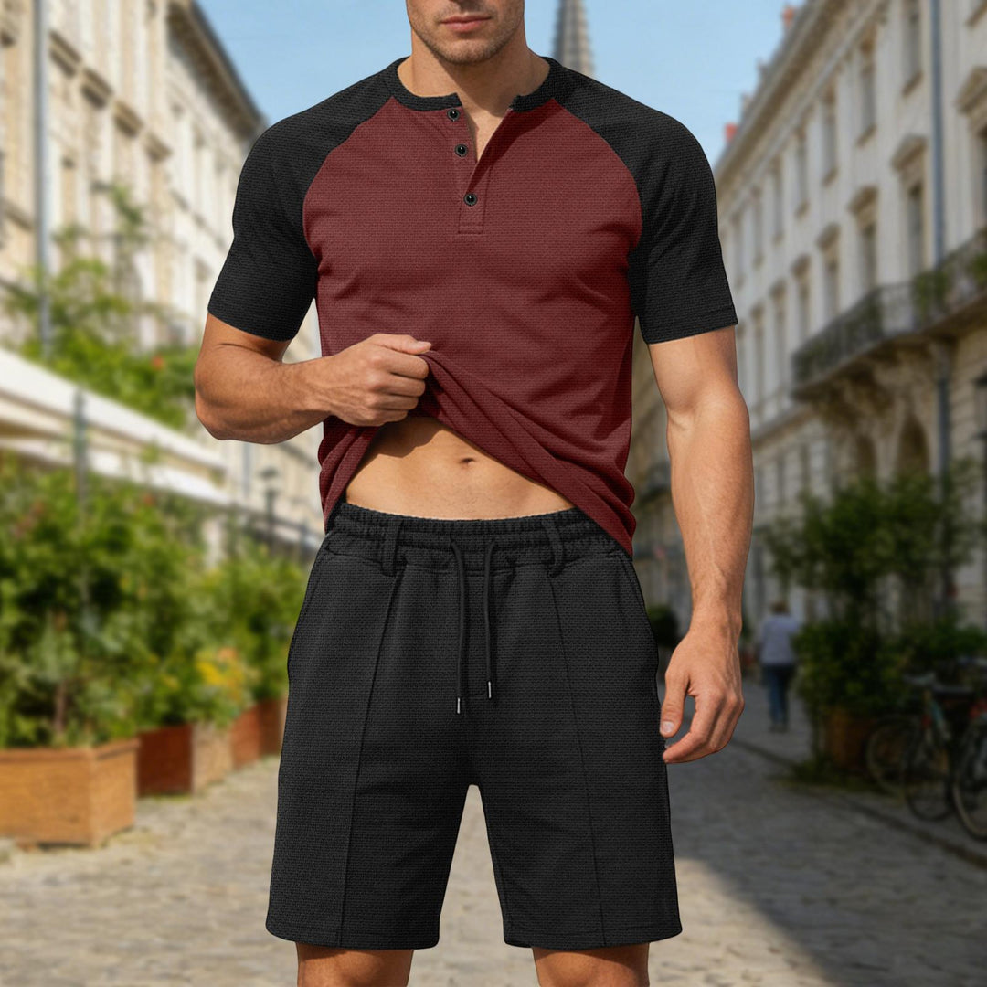 Mens Summer Track Suits 2 Piece Color Block Textured Raglan Short Sleeve T Shirts and Shorts Sets for Travel adaptable