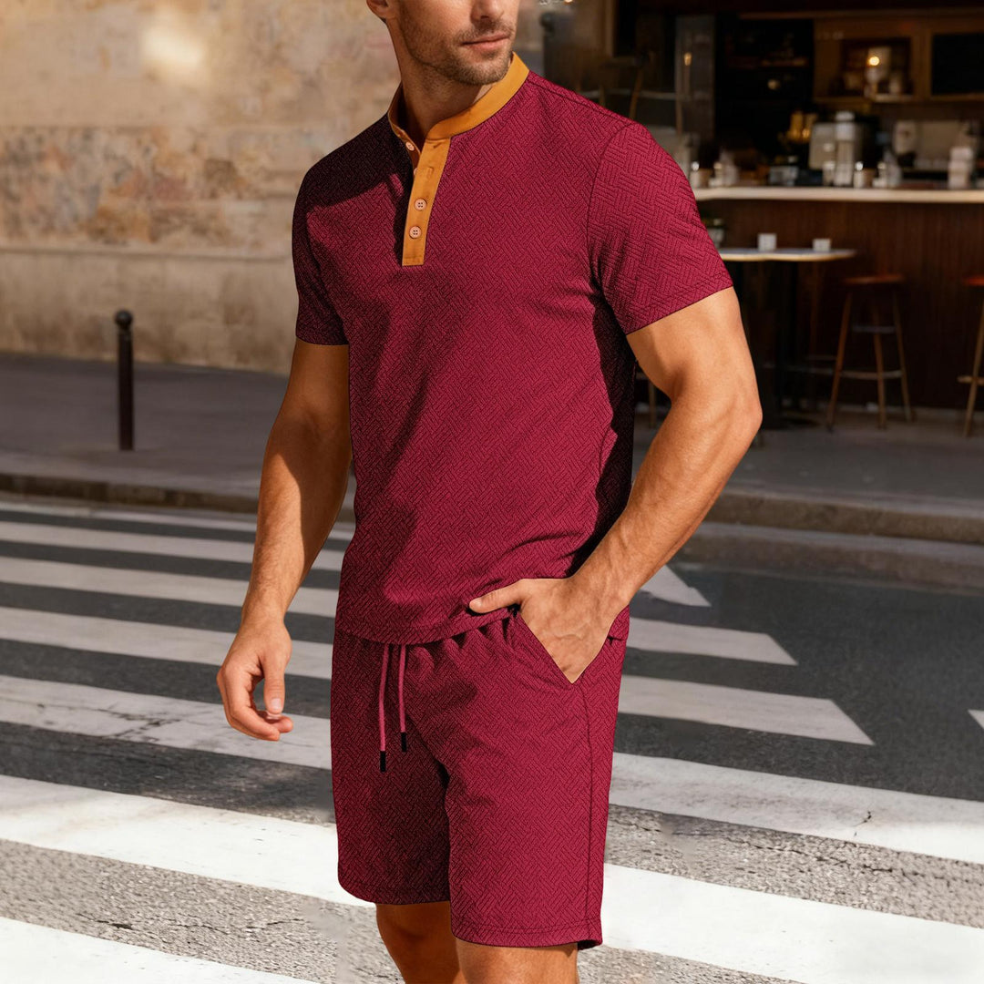Mens Short Sets 2 Piece Outfits Textured 2 Piece Summer Short Sleeve Crewnek Button Sweatsuit Sets for Gym great gift