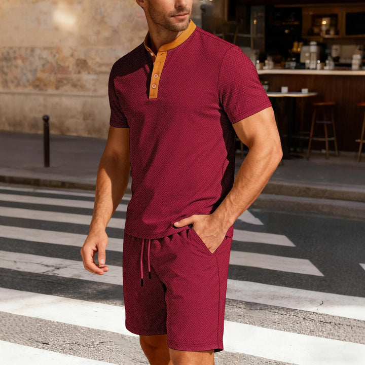 Mens Short Sets 2 Piece Outfits Textured 2 Piece Summer Short Sleeve Crewnek Button Sweatsuit Sets for Gym great gift