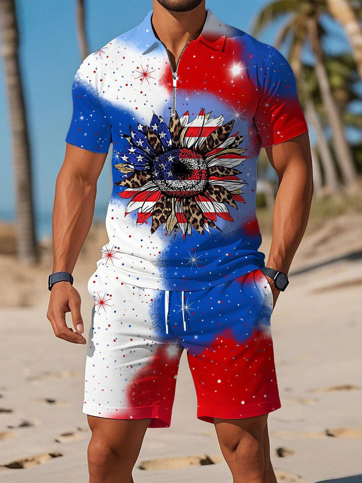 Independence Day Sunflower Gradient Print Men's Short Sleeve Zipper Polo Set
