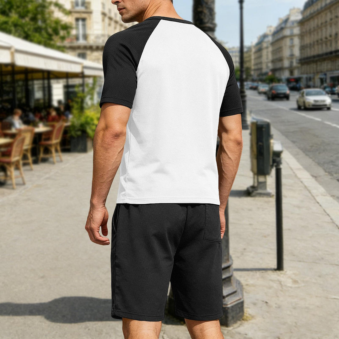 Mens Summer Track Suits 2 Piece Color Block Textured Raglan Short Sleeve T Shirts and Shorts Sets for Travel adaptable