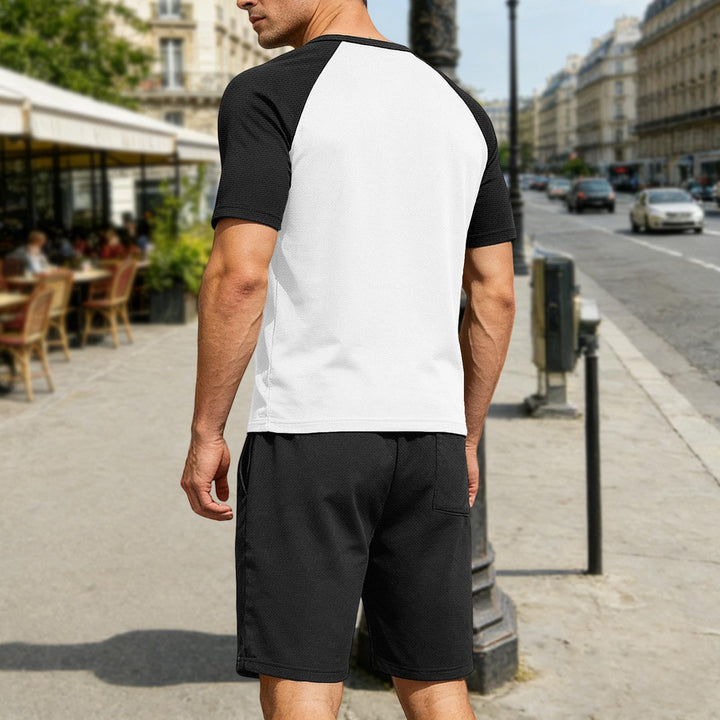 Mens Summer Track Suits 2 Piece Color Block Textured Raglan Short Sleeve T Shirts and Shorts Sets for Travel adaptable