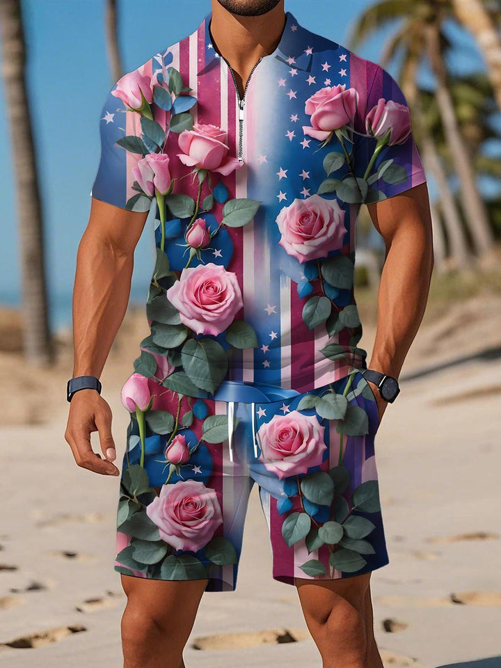 Independence Day American Flag Rose Print Men's Short Sleeve Zipper Polo Set