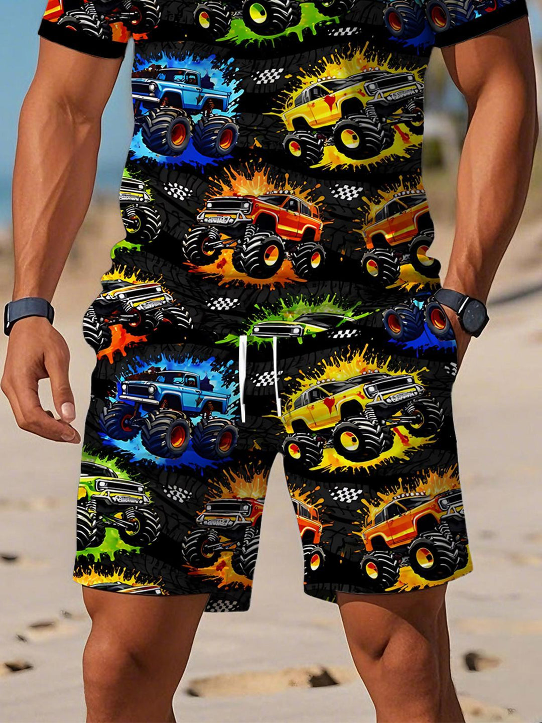 Car Print Men's Short Sleeve Zipper Polo Sets