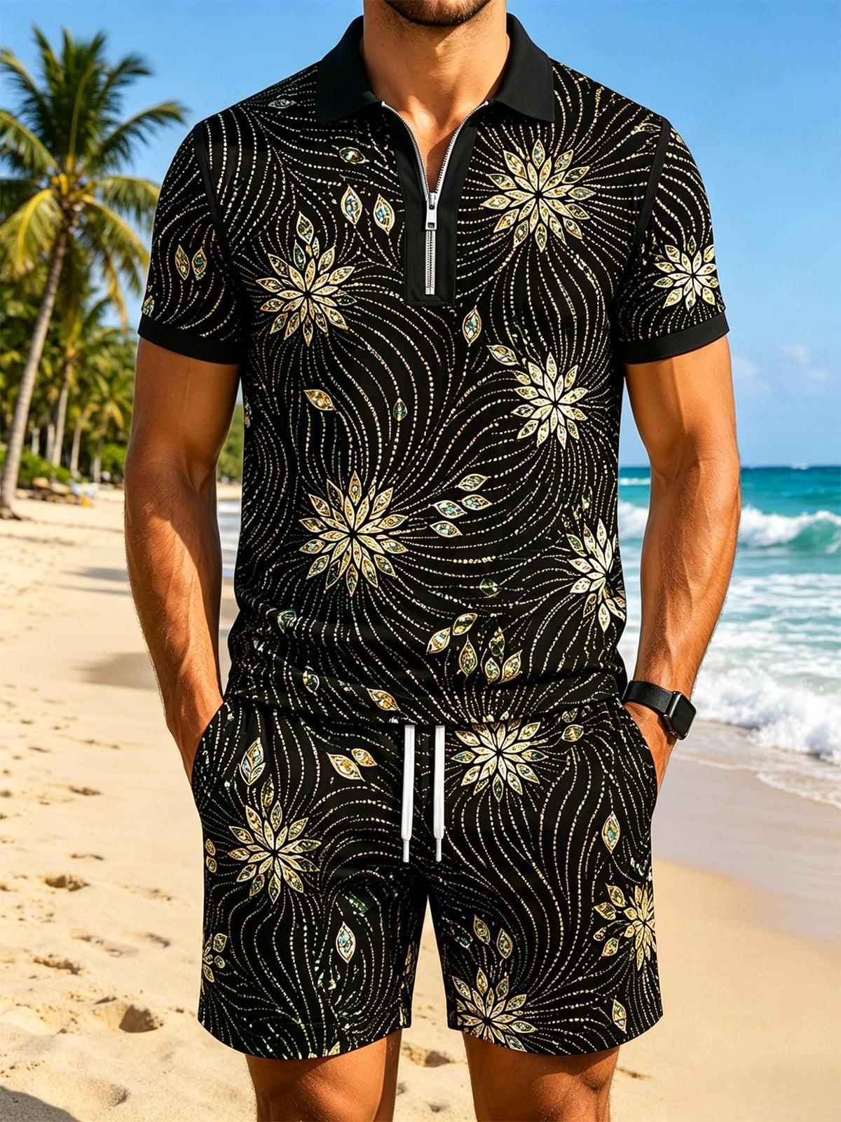 Shiny Floral Pattern Men's Short Sleeve Zipper Polo And Shorts Set