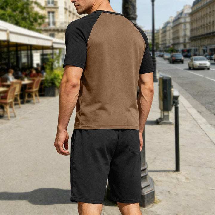 Mens Summer Track Suits 2 Piece Color Block Textured Raglan Short Sleeve T Shirts and Shorts Sets for Travel adaptable