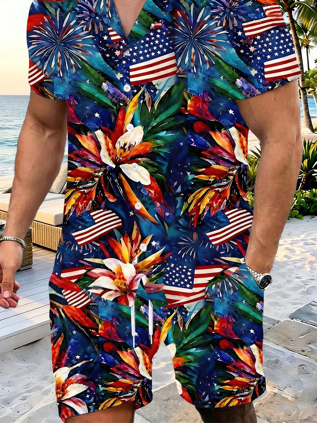 Independence American Flag Floral Men's Pocket Short Sleeve Sets