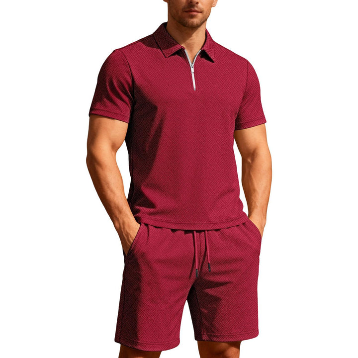 Mens Short Sets 2 Piece Outfits Textured 2 Piece Short Sleeve Collared Quarter Zip Sweatsuit Sets for Travel efficient