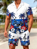 Hawaiian Music Notes Coconut Tree Flowers Men's Short Sleeve Cuban Collar Pocket Shirts And Shorts Set