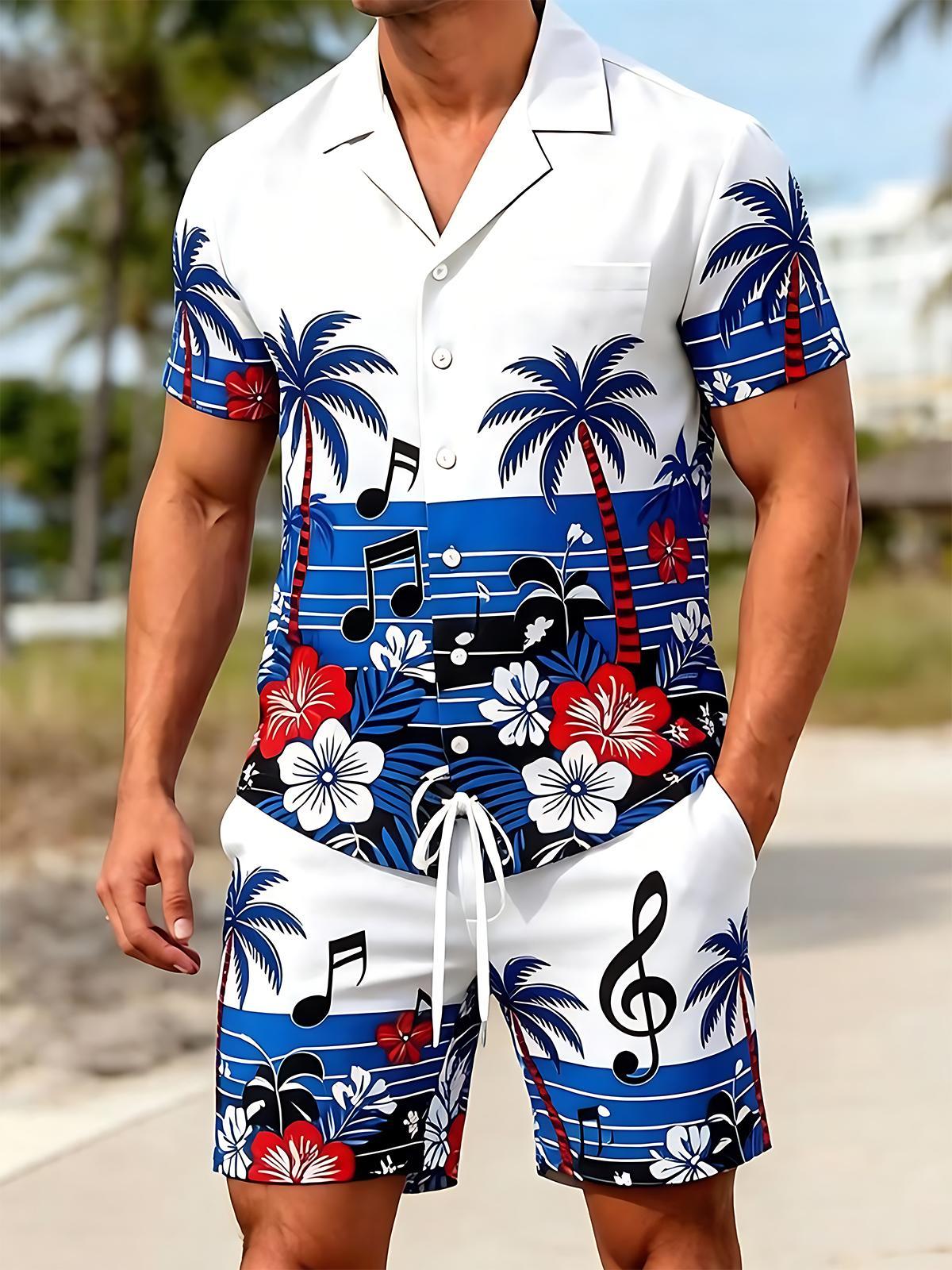Hawaiian Music Notes Coconut Tree Flowers Men's Short Sleeve Cuban Collar Pocket Shirts And Shorts Set