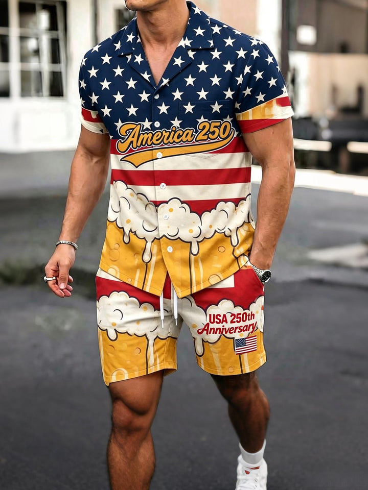 America 250th Anniversary Beer Foam American Flag Independence Day Men's Pocket Short Sleeve Sets