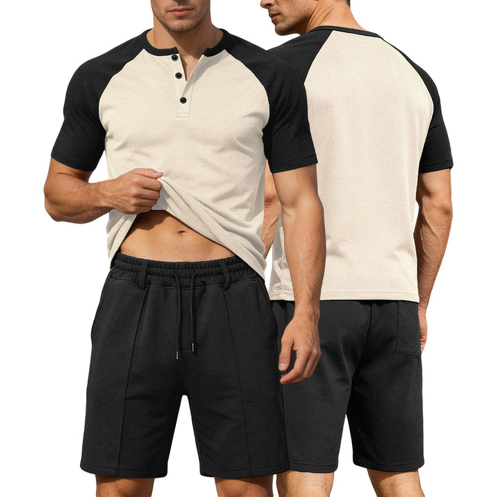 Mens Summer Track Suits 2 Piece Color Block Textured Raglan Short Sleeve T Shirts and Shorts Sets for Travel adaptable