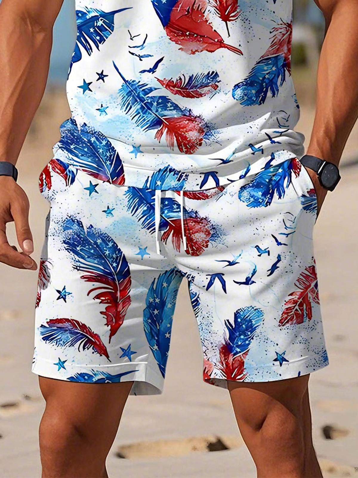 Independence Day American Flag Feather Print Men's Short Sleeve Zipper Polo Sets