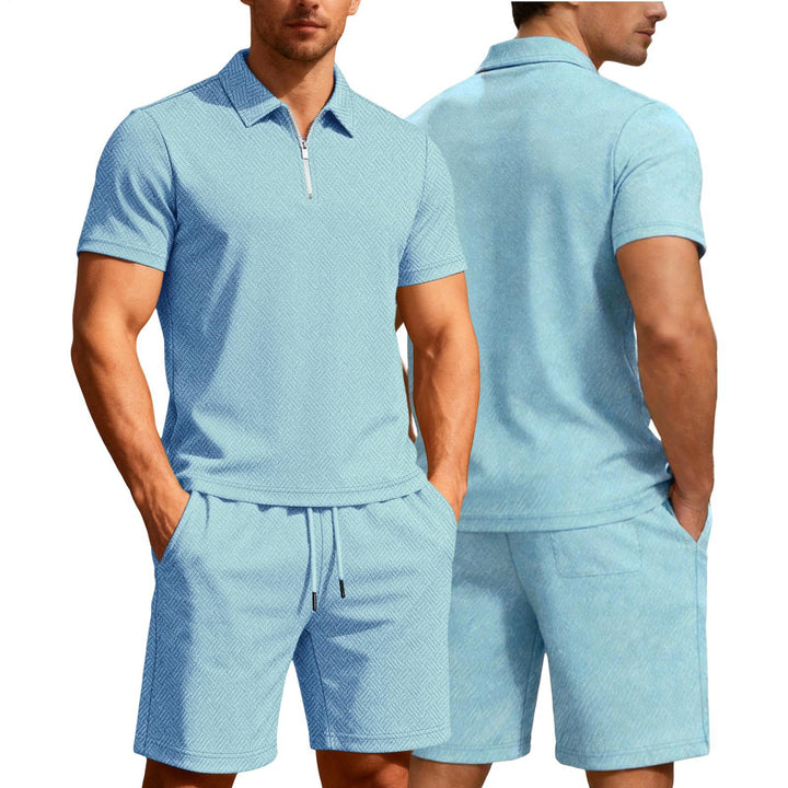 Mens Short Sets 2 Piece Outfits Textured 2 Piece Short Sleeve Collared Quarter Zip Sweatsuit Sets for Travel efficient