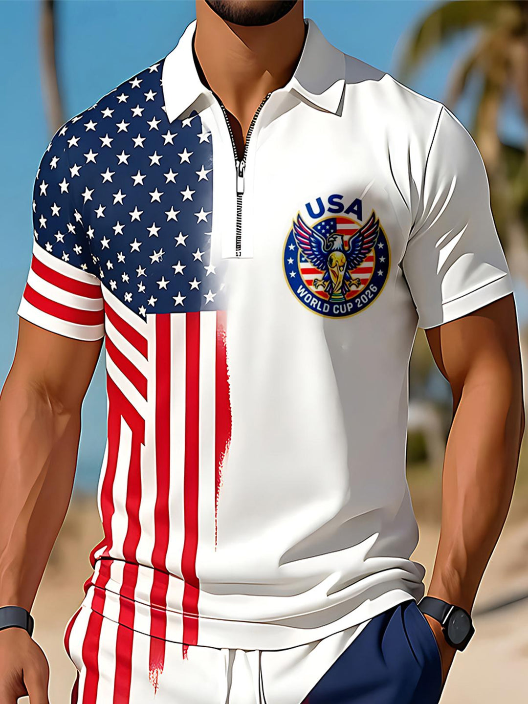 Independence Day American Flag Gradient Eagle Emblem Men's Short Sleeve Zipper Polo Set