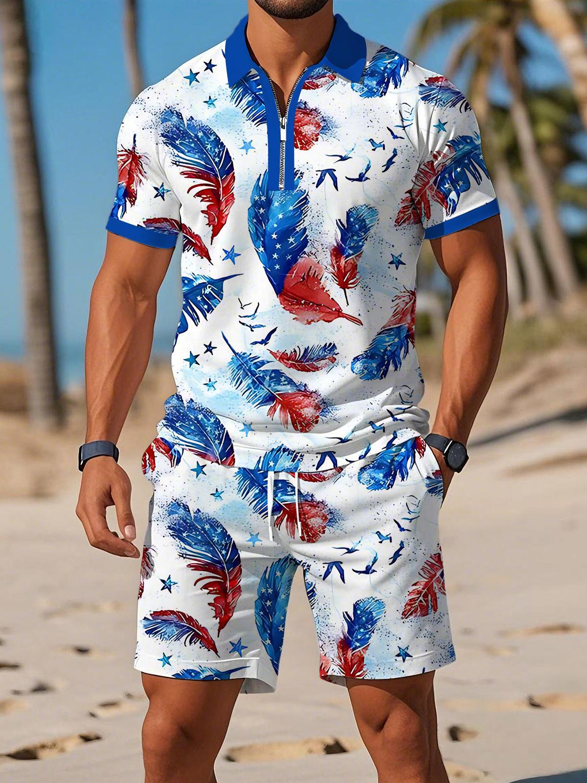 Independence Day American Flag Feather Print Men's Short Sleeve Zipper Polo Sets