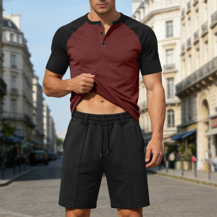 Mens Summer Track Suits 2 Piece Color Block Textured Raglan Short Sleeve T Shirts and Shorts Sets for Travel adaptable