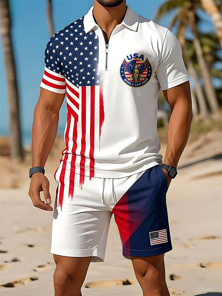 Independence Day American Flag Gradient Eagle Emblem Men's Short Sleeve Zipper Polo Set
