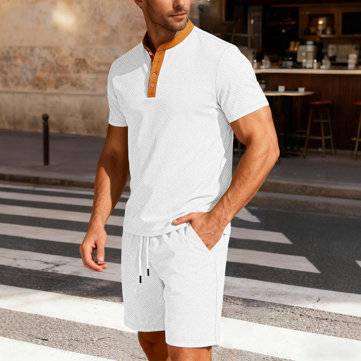 Mens Short Sets 2 Piece Outfits Textured 2 Piece Summer Short Sleeve Crewnek Button Sweatsuit Sets for Gym great gift