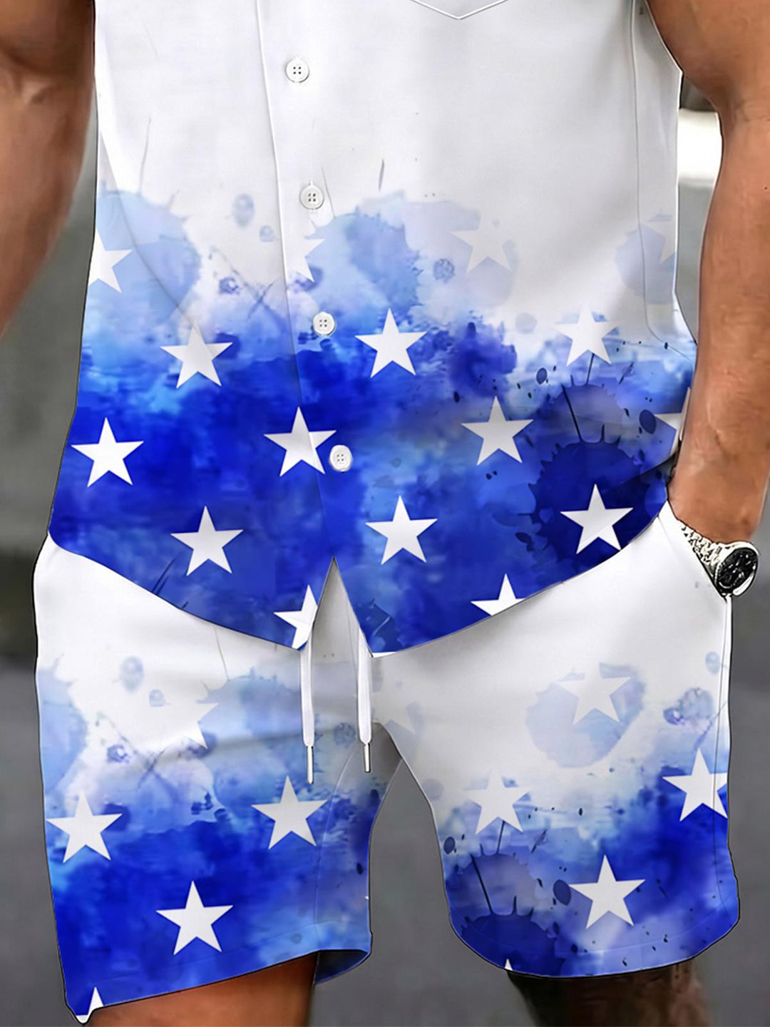 Independence Day Gradient Print Men's Pocket Short Sleeve Sets